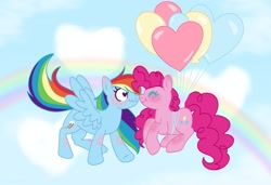 Size: 2357x1616 | Tagged: safe, artist:orcabunnies, pinkie pie, rainbow dash, earth pony, pegasus, pony, g4, balloon, blushing, cloud, duo, eyes closed, female, floating, heart, heart balloon, heart eyes, lesbian, mare, nose to nose, nuzzling, rainbow, ship:pinkiedash, shipping, smiling, then watch her balloons lift her up to the sky, wavy mouth, wingding eyes