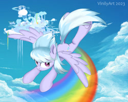 Size: 2612x2087 | Tagged: safe, artist:vinilyart, cloudchaser, pegasus, pony, g4, cloud, cloudsdale, cute, cutechaser, dock, female, flying, frog (hoof), high res, looking at you, mare, outdoors, rainbow, sky, smiling, smiling at you, solo, spread wings, tail, underhoof, wings