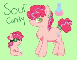 Size: 1150x900 | Tagged: safe, artist:orcabunnies, oc, oc only, oc:sour candy, earth pony, pony, ear piercing, earring, flask, flaskhead heart's, glasses, jewelry, piercing, reference sheet, sour candy (food)