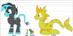 Size: 1261x633 | Tagged: safe, artist:fandroit, oc, oc only, oc:fandroit, oc:lenny light, oc:mike, oc:shammy, monster pony, pony, unicorn, blue eyes, horn, looking to the left, macro, macro/micro, micro, side view, simple background, size comparison, size difference, slit pupils, transparent background, unicorn oc, yellow coat, yellow eyes