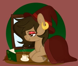 Size: 1061x904 | Tagged: safe, artist:orcabunnies, oc, oc only, earth pony, pony, blanket, book, ear piercing, earring, hat, jewelry, mug, piercing, reading, solo, window