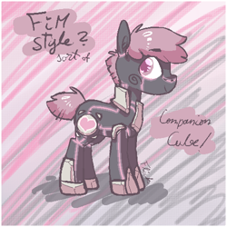 Size: 500x500 | Tagged: safe, artist:artflicker, oc, oc only, earth pony, pony, abstract background, companion cube, ponified, portal (valve), solo, text