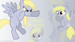 Size: 1920x1080 | Tagged: safe, artist:mlpwallpapermaker, derpy hooves, pegasus, pony, g4, angry, female, gradient background, looking at you, mare, name, solo, spread wings, thinking, wallpaper, watermark, wings