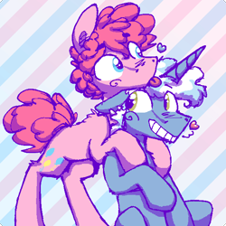 Size: 588x588 | Tagged: safe, artist:artflicker, pinkie pie, pokey pierce, earth pony, pony, unicorn, g4, bipedal, bipedal leaning, bubble berry, dithering, floating heart, gay, grin, half r63 shipping, heart, hoof on shoulder, leaning, male, rule 63, ship:pokeyberry, ship:pokeypie, shipping, smiling, stallion, striped background, tongue out