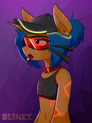 Size: 3000x4000 | Tagged: safe, artist:bl1nky, artist:core-ridor, oc, oc only, oc:jester wink, oc:winky, unicorn, semi-anthro, abstract background, acid, baseball cap, cap, chest binder, clothes, collar, drug use, drugs, goggles, hat, high res, lsd, nonbinary, solo, tank top