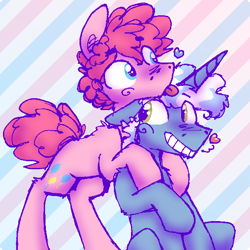 Size: 588x588 | Tagged: safe, alternate version, artist:artflicker, pinkie pie, pokey pierce, earth pony, pony, unicorn, g4, bipedal, bipedal leaning, bubble berry, floating heart, gay, grin, half r63 shipping, heart, hoof on shoulder, leaning, male, rule 63, ship:pokeyberry, ship:pokeypie, shipping, smiling, soft shading, stallion, striped background, tongue out