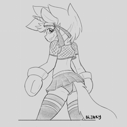 Size: 840x839 | Tagged: safe, artist:bl1nky, oc, oc only, oc:blinky, pony, unicorn, semi-anthro, :p, back, blushing, butt, clothes, femboy, fishnet clothing, gloves, horn, looking back, male, midriff, monochrome, nonbinary, plot, skirt, socks, solo, stallion, thigh highs, tongue out, underhoof, zettai ryouiki