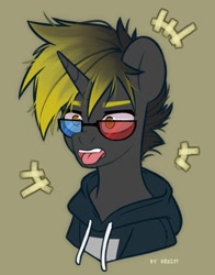 Size: 943x1200 | Tagged: safe, artist:shelti, oc, oc only, pony, unicorn, 3d glasses, bust, clothes, colored pupils, commission, gradient mane, hoodie, horn, male, open mouth, simple background, solo, stallion, tongue out, yellow background