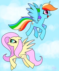 Size: 1714x2048 | Tagged: safe, artist:petaltwinkle, fluttershy, rainbow dash, pegasus, pony, g4, duo, flying