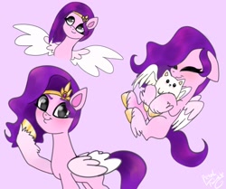 Size: 2048x1714 | Tagged: safe, artist:petaltwinkle, cloudpuff, pipp petals, dog, flying pomeranian, pegasus, pomeranian, pony, g5, adorapipp, blushing, colored wings, crown, cute, duo, duo male and female, eyebrows, eyes closed, female, folded wings, jewelry, lavender background, looking at you, male, mare, partially open wings, regalia, signature, simple background, smiling, smiling at you, spread wings, winged dog, wings