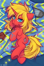 Size: 1346x2000 | Tagged: safe, artist:shelti, oc, oc only, pony, unicorn, bed, body pillow, body pillow design, coin, colored pupils, commission, dakimakura cover, ear piercing, earring, ears back, fangs, frown, hoof heart, horn, jewelry, looking at you, lying down, necklace, nokia n-gage, on side, piercing, pouch, solo, underhoof