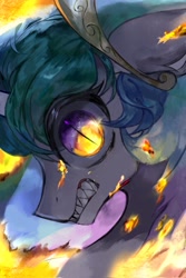 Size: 1365x2048 | Tagged: safe, artist:gq40415378, idw, princess celestia, alicorn, pony, g4, reflections, angry, female, fire, now you fucked up, oh crap, run, sharp teeth, slit pupils, solo, teeth, this will end in daybreaker, this will end in death, this will end in tears, this will end in tears and/or death, you dun goofed