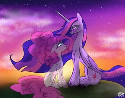 Size: 1368x1074 | Tagged: safe, artist:petaltwinkle, pinkie pie, twilight sparkle, alicorn, pony, g4, the last problem, duo, duo female, female, immortality blues, mare, older, older twilight, older twilight sparkle (alicorn), princess twilight 2.0, sad, spirit, twilight sparkle (alicorn), twilight will outlive her friends