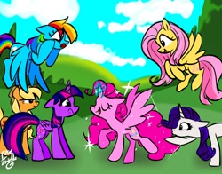 Size: 1368x1074 | Tagged: safe, artist:petaltwinkle, applejack, fluttershy, pinkie pie, rainbow dash, rarity, twilight sparkle, alicorn, earth pony, pegasus, pony, unicorn, g4, alicornified, floppy ears, mane six, pinkiecorn, race swap, twilight sparkle (alicorn), xk-class end-of-the-world scenario