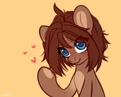 Size: 2500x2000 | Tagged: safe, artist:shelti, oc, oc only, oc:owl, blushing, bust, colored pupils, countershading, female, happy, heart, high res, hoof heart, looking at you, mare, simple background, smiling, solo, underhoof, waving, yellow background