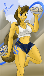 Size: 1100x1900 | Tagged: safe, alternate version, artist:sixes&sevens, caramel, toffee, earth pony, anthro, plantigrade anthro, g4, clothes, daisy dukes, explicit source, female, food, infinity symbol, minor arcana, mountain, multiple variants, pie, rule 63, shorts, solo, tank top, tarot card, two of discs