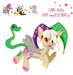 Size: 1769x1810 | Tagged: safe, artist:vernorexia, derpy hooves, discord, pinkie pie, oc, cat, cat pony, draconequus, hybrid, original species, pegasus, pony, snake, snake pony, g4, adoptable, adoptable open, april fools, april fools 2023, body markings, cat ears, cat paws, clown, colored hooves, cross-eyed, derp, facial markings, flying, hat, heterochromia, interspecies offspring, jester, jester hat, jester pie, magical threesome spawn, multiple parents, next generation, offspring, one true threesome, parent:derpy hooves, parent:discord, parent:pinkie pie, paws, scales, snake tail, spotted, stars, tail, tongue out, whiskers, white hair