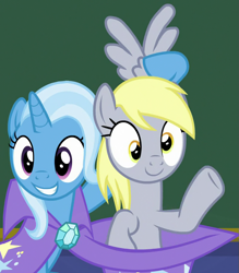 Size: 759x866 | Tagged: safe, screencap, derpy hooves, trixie, pegasus, pony, unicorn, a matter of principals, g4, season 8, cape, clothes, cropped, cute, derpabetes, diatrixes, duo, duo female, female, hat, magic trick, mare, pony out of a hat, raised hoof, sitting, smiling, trixie's cape, trixie's hat, waving