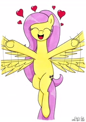 Size: 2467x3477 | Tagged: safe, artist:killerteddybear94, fluttershy, pegasus, pony, g4, cute, daaaaaaaaaaaw, eyes closed, female, fluttershy day, flying, heart, high res, mare, open mouth, ponytail, shyabetes, simple background, smiling, solo, traditional art, underhoof, white background