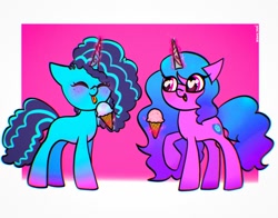 Size: 1368x1074 | Tagged: safe, artist:petaltwinkle, izzy moonbow, misty brightdawn, pony, unicorn, g5, cute, duo, eating, eyes closed, female, food, freckles, heart, heart eyes, ice cream, ice cream cone, mare, smiling, tongue out, wingding eyes