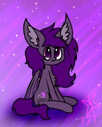 Size: 1377x1711 | Tagged: safe, artist:neonshy02, oc, oc only, oc:midnight purple, bat pony, pony, abstract background, bat pony oc, bat wings, chest fluff, colored pupils, ear fluff, fangs, fluffy, folded wings, male, signature, sitting, solo, wings