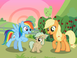 Size: 1033x774 | Tagged: safe, artist:starlingsentry27, applejack, rainbow dash, oc, oc:olive catcher, pegasus, pony, g4, apple, apple tree, blank flank, female, filly, foal, magical lesbian spawn, mare, offspring, parent:applejack, parent:rainbow dash, parents:appledash, pegasus oc, request, sunset, tree, trio, trio female