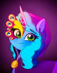 Size: 1061x1361 | Tagged: safe, artist:petaltwinkle, misty brightdawn, pony, unicorn, g5, my little pony: tell your tale, nightmare night party, spoiler:g5, spoiler:my little pony: tell your tale, spoiler:tyts01e30, clothes, costume, jewelry, medallion, necklace, nightmare night costume, solo