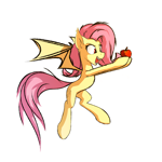 Size: 1920x1920 | Tagged: safe, artist:o0o-bittersweet-o0o, fluttershy, bat pony, pegasus, pony, g4, apple, bat ponified, cel shading, colored, fangs, female, flutterbat, flying, food, open mouth, race swap, shading, sketch, smiling, solo, spread wings, wings, wip