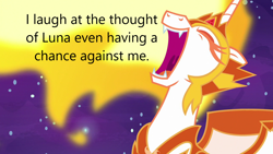 Size: 1280x720 | Tagged: safe, edit, edited screencap, screencap, daybreaker, alicorn, pony, g4, caption, image macro, solo, text