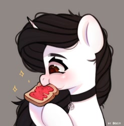 Size: 1977x2000 | Tagged: safe, artist:shelti, oc, oc only, pony, unicorn, bread, choker, colored pupils, eating, female, food, gray background, herbivore, horn, jelly, mare, pentagram, request, simple background, solo