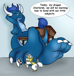 Size: 3900x3990 | Tagged: safe, artist:theinspiredsphynx, oc, oc:cobalt, oc:cobalt the dragon, dragon, pony, unicorn, affection, armor, blue, chair, classroom, claws, desk, dragon oc, feet, floor, folded wings, foot focus, giant dragon, glowing, glowing horn, high res, horn, horns, macro, macro/micro, magic, non-pony oc, pampering, paws, pedicure, perspective, relaxed, relaxed face, relaxing, royal guard, royal guard armor, school, school desk, sitting, smiling, telekinesis, toes, tongue out, wings