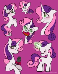 Size: 1074x1368 | Tagged: safe, artist:petaltwinkle, sweetie belle, pony, unicorn, g4, bipedal, blushing, bust, cute, diasweetes, eyes closed, female, filly, foal, green eyes, magic, mare, microphone, older, older sweetie belle, open mouth, pink hair, pink mane, pink tail, purple background, purple hair, purple mane, purple tail, simple background, smiling, starry eyes, sweetie belle's magic brings a great big smile, tail, the cmc's cutie marks, two toned hair, two toned mane, two toned tail, white coat, white fur, white pony, wingding eyes