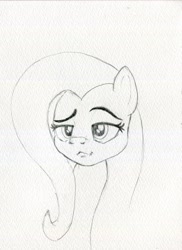 Size: 2960x4055 | Tagged: safe, artist:invalid-david, fluttershy, pegasus, pony, g4, monochrome, pencil drawing, sketch, smiling, smirk, solo, traditional art