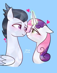 Size: 1074x1368 | Tagged: safe, artist:petaltwinkle, rumble, sweetie belle, pegasus, pony, unicorn, g4, bedroom eyes, blue background, blushing, cute, duo, eye contact, female, glowing, glowing horn, heart, horn, looking at each other, looking at someone, male, mare, nuzzling, older, older rumble, older sweetie belle, ship:rumbelle, shipping, simple background, stallion, straight