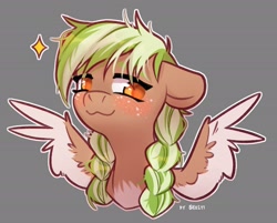 Size: 2232x1791 | Tagged: safe, artist:shelti, oc, oc only, oc:sylvia evergreen, pegasus, pony, :3, blushing, braid, braided pigtails, bust, colored pupils, female, freckles, looking at you, mare, pegasus oc, pigtails, simple background, solo, spread wings, wings