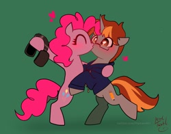 Size: 1368x1074 | Tagged: safe, artist:petaltwinkle, pinkie pie, oc, earth pony, pony, unicorn, g4, canon x oc, clothes, dancing, duo, hoodie, kissing