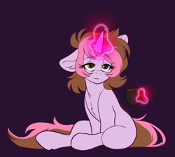 Size: 2048x1844 | Tagged: safe, artist:hibiscusstitch, oc, oc only, oc:hibiscus stitch, pony, unicorn, coffee, female, glowing, glowing horn, horn, purple background, simple background, solo, tired, unicorn oc