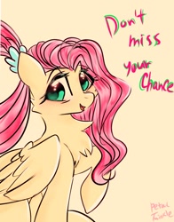 Size: 1074x1368 | Tagged: safe, artist:petaltwinkle, fluttershy, pegasus, pony, g4, chest fluff, dialogue, female, folded wings, looking at you, mare, older, older fluttershy, open mouth, open smile, positive ponies, raised hoof, simple background, sitting, smiling, solo, three quarter view, wings, yellow background