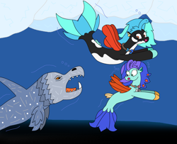 Size: 3015x2448 | Tagged: safe, artist:supahdonarudo, oc, oc only, oc:icebeak, oc:sea lilly, seapony (g4), bubble, camera, chase, dorsal fin, fin, fin wings, fins, fish tail, flowing mane, flowing tail, high res, ice, jewelry, necklace, ocean, open mouth, scared, sea monster, swimming, tail, underwater, water, wings, ziphius