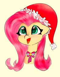 Size: 1074x1368 | Tagged: safe, artist:petaltwinkle, fluttershy, pegasus, pony, g4, bust, christmas, female, floppy ears, hat, holiday, mare, open mouth, open smile, portrait, santa hat, simple background, smiling, solo