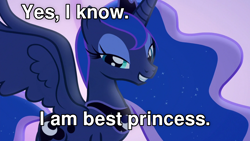 Size: 1280x720 | Tagged: safe, edit, edited screencap, screencap, princess luna, alicorn, pony, g4, to where and back again, best princess, caption, female, grin, image macro, lidded eyes, looking at you, mare, smiling, smiling at you, spread wings, text, wings