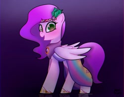 Size: 1368x1074 | Tagged: safe, artist:petaltwinkle, pipp petals, pegasus, pony, g5, adorapipp, aside glance, blushing, circlet, clothes, cute, dress, female, folded wings, gradient background, looking at you, mare, open mouth, open smile, smiling, smiling at you, solo, standing, unshorn fetlocks, wings