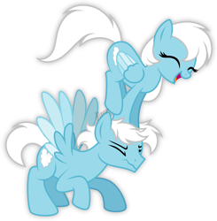 Size: 2936x3000 | Tagged: safe, artist:feather_bloom, oc, oc:feather bloom(fb), oc:feather_bloom, oc:feather_stone, pegasus, pony, g4, cute, eyes closed, happy, high res, laughing, leapfrog, playing, rule 63, simple background, standing on head, white mane