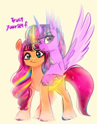 Size: 1074x1368 | Tagged: safe, artist:petaltwinkle, sunny starscout, twilight sparkle, alicorn, pony, g5, alicornified, artificial horn, artificial wings, augmented, duo, horn, magic, magic horn, magic wings, mane stripe sunny, motivational, race swap, sunnycorn, wings