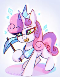 Size: 1074x1368 | Tagged: safe, artist:petaltwinkle, sweetie belle, pony, unicorn, don't mine at night, g4, cookie, diamond pickaxe, food, jewelry, minecraft, peytral, pickaxe, solo, tiara