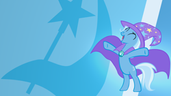 Size: 1920x1080 | Tagged: safe, artist:rdbrony16, artist:shelmo69, artist:the smiling pony, edit, trixie, pony, unicorn, g4, ^^, cape, clothes, cutie mark, eyes closed, female, gradient background, happy, hat, mare, open mouth, open smile, smiling, solo, trixie's cape, trixie's hat, wallpaper, wallpaper edit