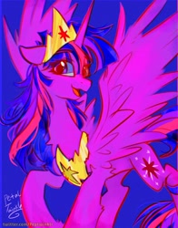 Size: 1074x1368 | Tagged: safe, artist:petaltwinkle, twilight sparkle, alicorn, pony, g4, blue background, crown, diadem, female, jewelry, looking at you, mare, open mouth, open smile, peytral, regalia, simple background, smiling, solo, spread wings, turned head, twilight sparkle (alicorn), wings