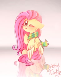 Size: 1074x1368 | Tagged: safe, artist:petaltwinkle, fluttershy, pegasus, pony, g4, clothes, cute, female, floppy ears, folded wings, looking at you, looking back, looking back at you, looking over shoulder, one eye closed, raised hoof, reflection, scarf, shyabetes, sitting, solo, tongue out, wings, wink, winking at you
