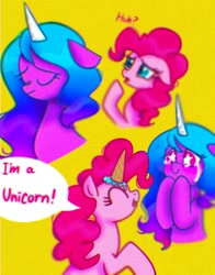 Size: 1074x1368 | Tagged: safe, artist:petaltwinkle, izzy moonbow, pinkie pie, earth pony, pony, unicorn, g4, g5, bust, cheering up, dialogue, duo, fake horn, female, floppy ears, food, generational ponidox, ice cream, ice cream cone, ice cream horn, izzy and her heroine, mare, sad, silly, smiling, speech bubble, starry eyes, teary eyes, wingding eyes