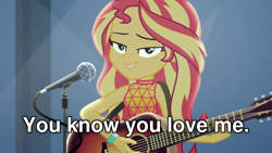 Size: 1280x720 | Tagged: safe, edit, screencap, sunset shimmer, human, equestria girls, g4, let it rain, my little pony equestria girls: better together, acoustic guitar, caption, female, guitar, image macro, musical instrument, solo, text